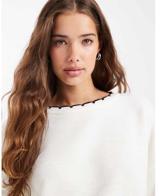 Miss Selfridge White Knitted Blanket Stitch T-shirt
