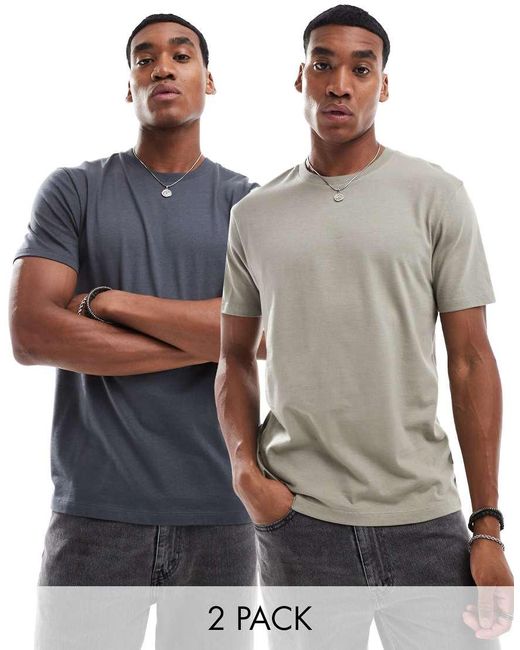 Pack De 2 Camisetas De Color Gris Carbón Y Caqui Básicas Con Cuello Redondo De ASOS de hombre de color Gray
