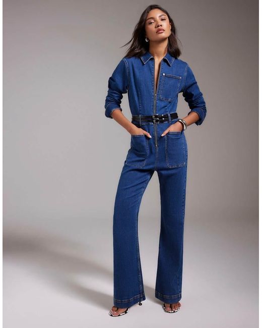 River Island Blue Stretch Denim Straight Leg Jumpsuit