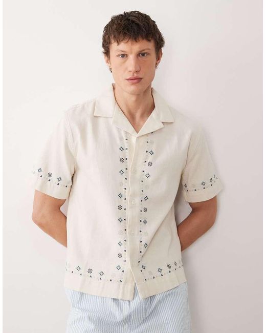 Abercrombie & Fitch Natural Cotton Linen Mix Embroidered Pattern Short Sleeve Shirt for men