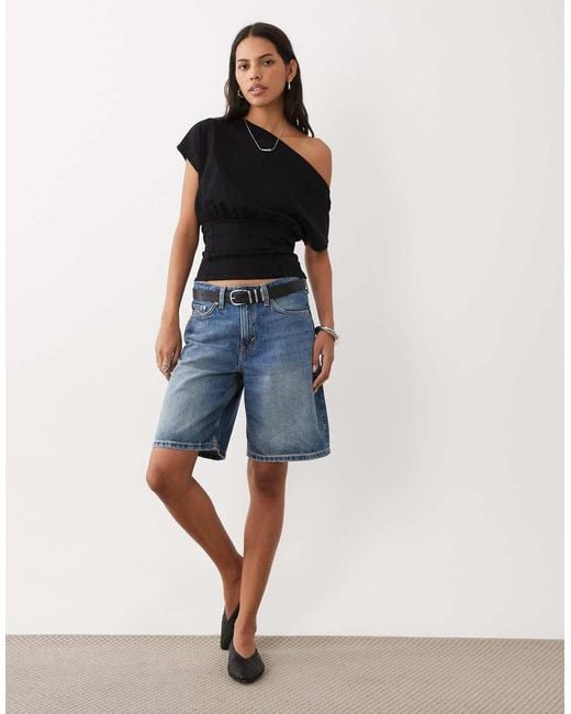 ASOS Black Fallen Shoulder With Cinched Waist Top