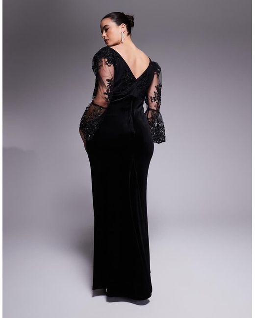 Goddiva Black Curve Scalloped Lace & Velvet Maxi Dress