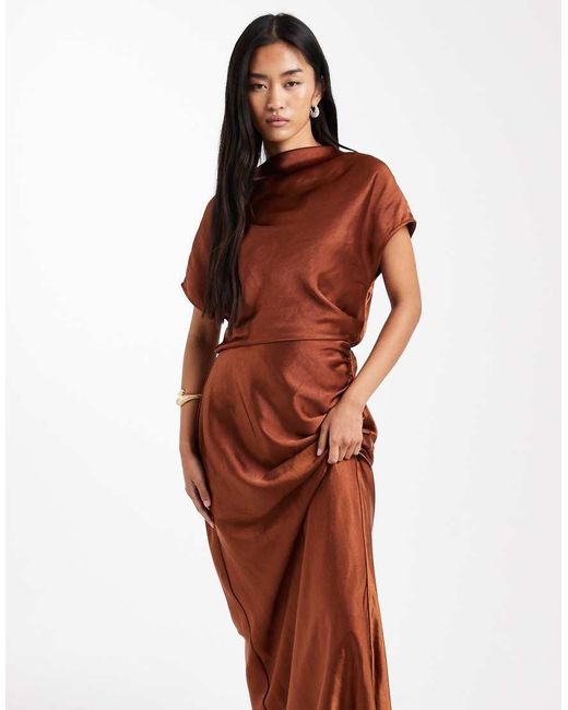 Six Stories Red Bridesmaid Ruched Drape Satin Maxi Dress