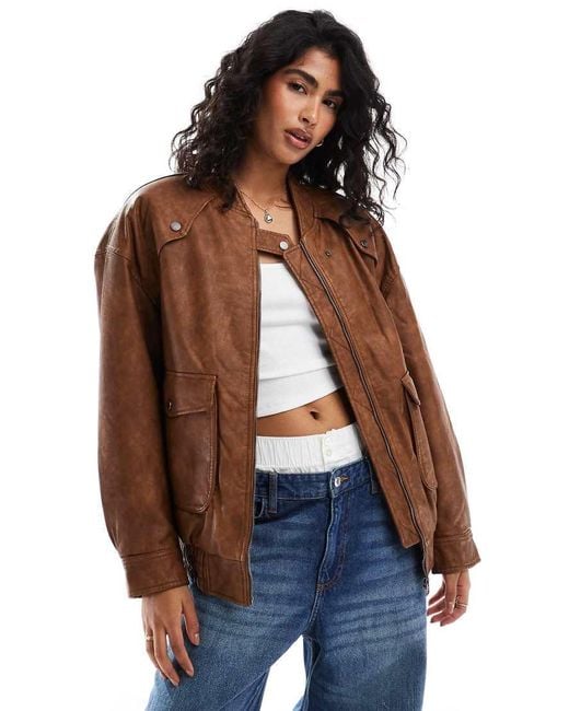 Bershka Blue Faux Leather Oversized Bomber Jacket