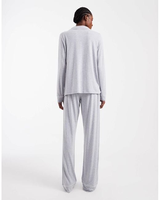 ASOS White Asos Design Tall Super Soft Long Sleeve Shirt & Pants Pajama Set With Contrast Piping