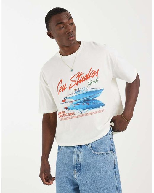 ASOS White Boxy Oversized T-Shirt With Speedboat Graphic for men
