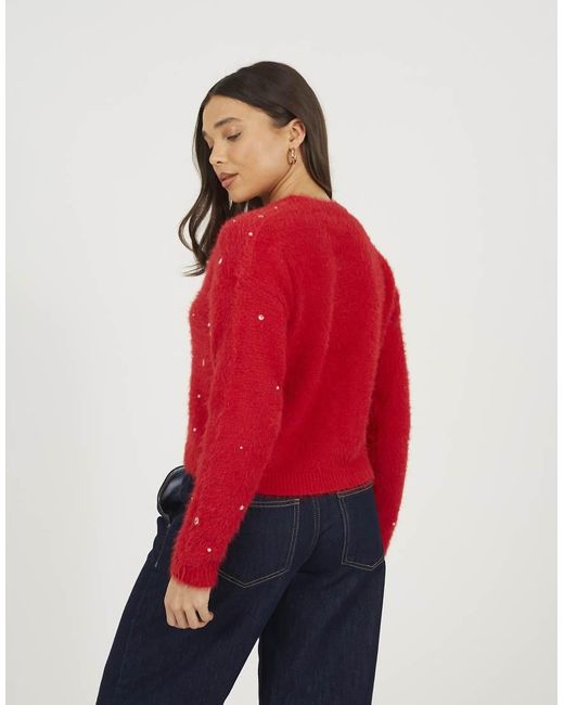 Brave Soul Red Fluffy Knit Cardigan With Jewel Embellishment