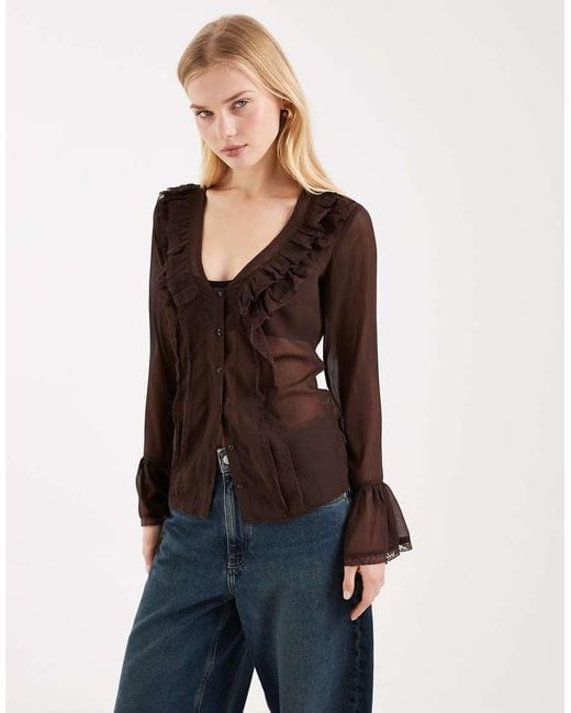 Miss Selfridge Blue Flared Frill Front Sleeve Chiffon Blouse