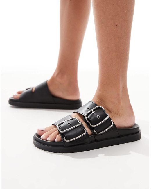 Pull&Bear Black Double Strap Buckle Sandals