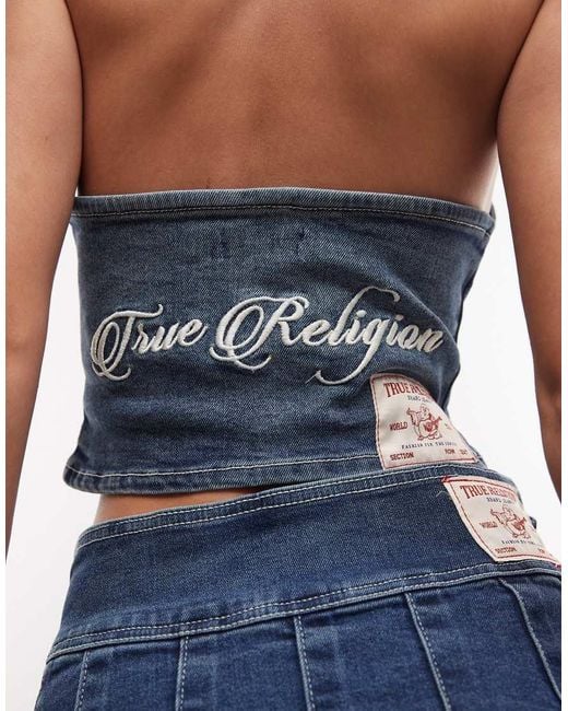 True Religion Blue Halter Neck Denim Waistcoat Style Crop Top