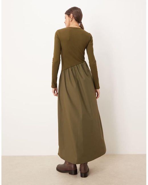 Threadbare Green Long Sleeve Midi Dress With Poplin Skirt