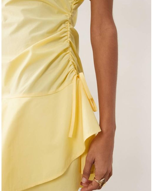 ASOS Natural Poplin Short Sleeve Mini Dress With Ruching Tie Waist Detail