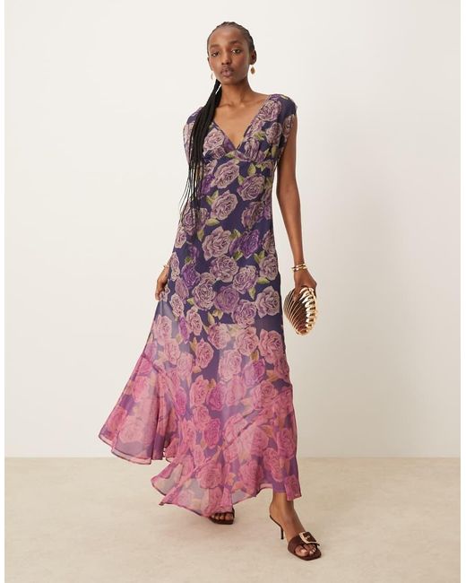 ASOS Pink V-neck Floral Ombre Print Maxi Dress