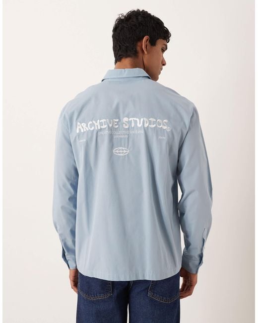 ASOS Blue Relaxed Shirt With Chest And Back Embroidery for men