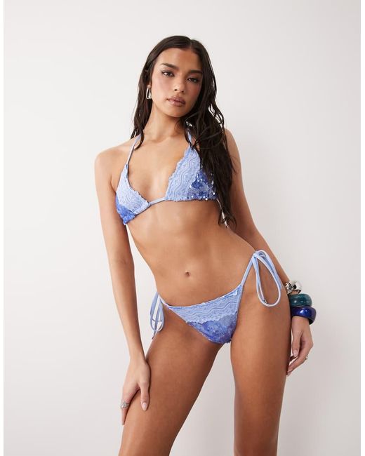 South Beach Blue Sequin Tieside Bikini Bottom With Lace Detail