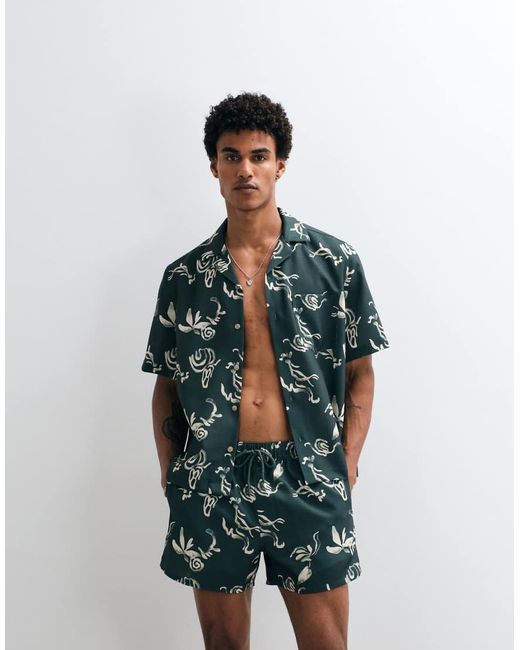 ASOS Green Linen Look Relaxed Camp Collar Shirt With Print for men