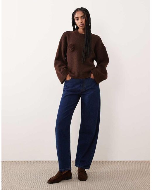 ASOS Blue Knitted Wide Sleeve Jumper With 3d Floral And Wool