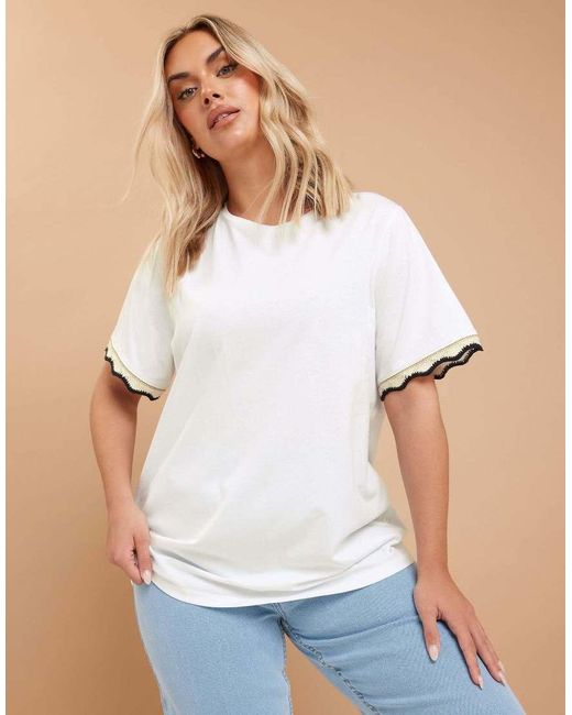 Yours Clothing White Metallic Crochet Trim T-Shirt