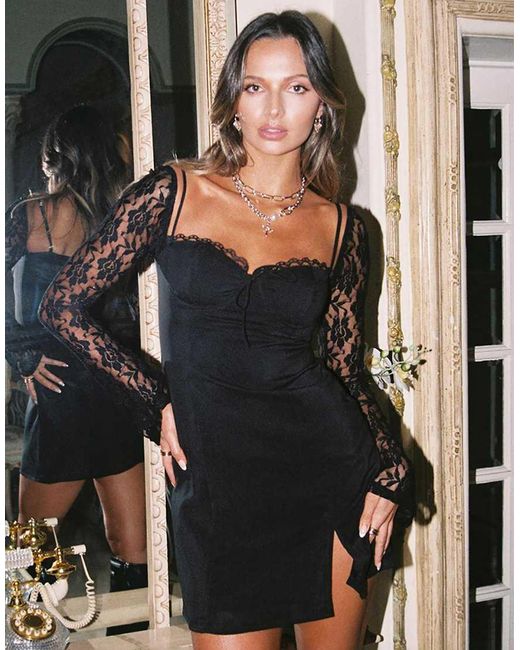 Princess Polly Blue Ashwood Lace Flared Sleeve Tie Front Cup Detail Side Split Mini Dress
