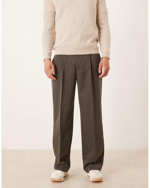 ASOS Natural Tailored Pleated Wide Leg Trousers And Elasticated Waist for men