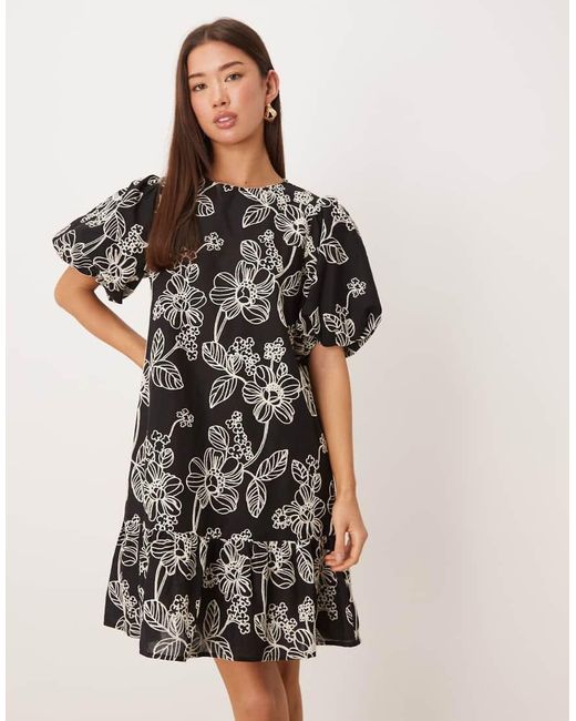 Lovedrobe Natural Embroidered Short Sleeve Swing Mini Dress