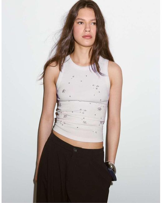 Stradivarius White Jewelled Racerback T-shirt