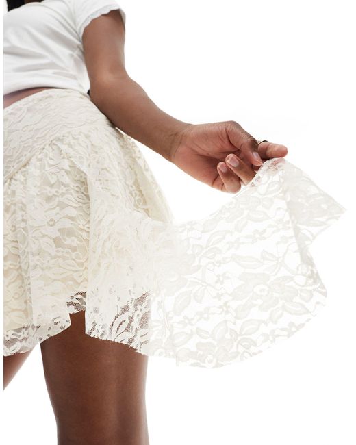 ASOS White Asymmetric Hem Lace Mini Skirt With Ruched Waist