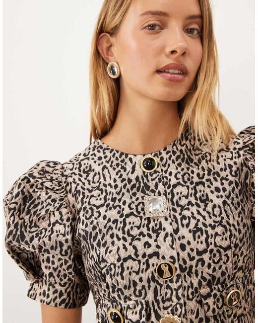 Sister Jane Gray Charmed Jacquard Round Neck Puff Sleeve Mini Dress