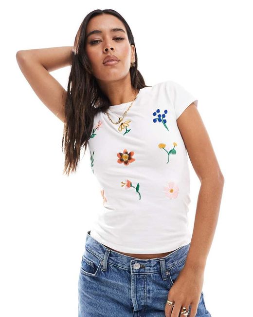 ASOS White Fitted T-shirt With Embroidered Floral Graphic