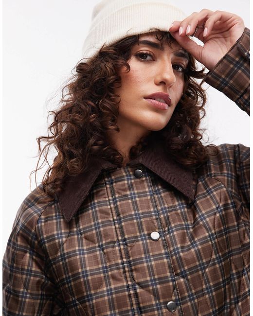 TOPSHOP Brown Check Long Nylon Coat With Cord Collar