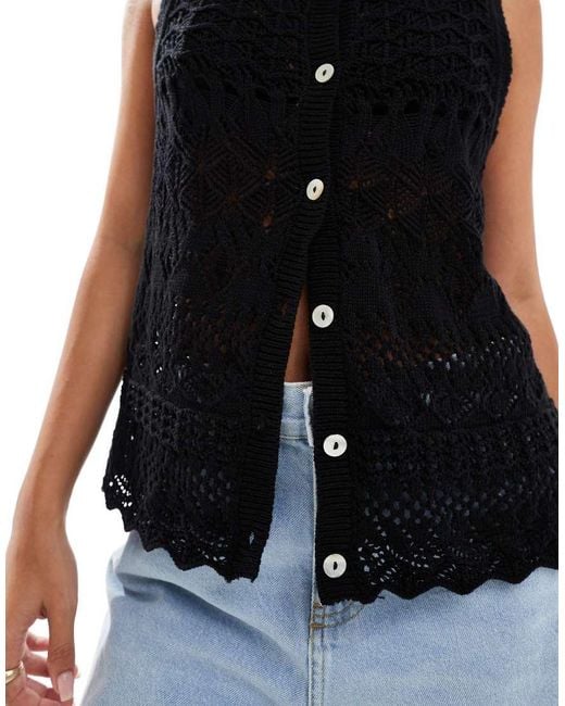 Brave Soul Black Open Knit Crochet Waistcoat With Pocket Detail