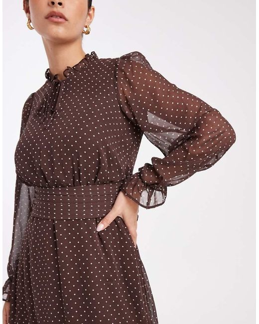 New Look Brown Polka Dot Chiffon Cinched Waist Mini Dress