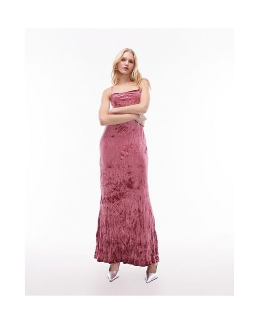 TOPSHOP Pink Crushed Velvet Bias Maxi Slip Dress