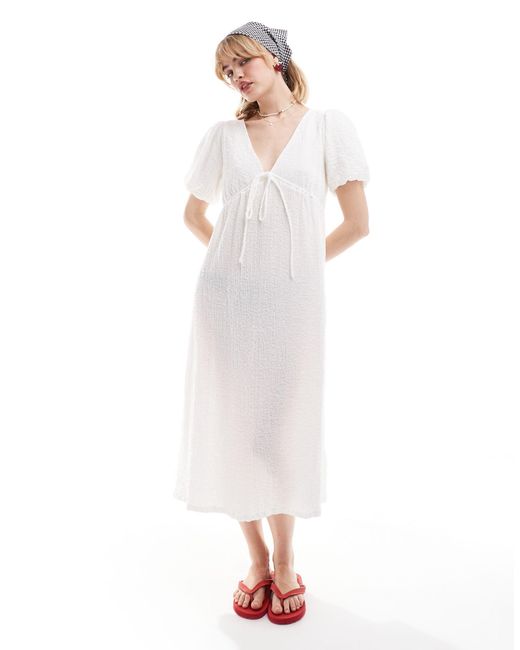 Glamorous White Textured V-neck Midi Dress