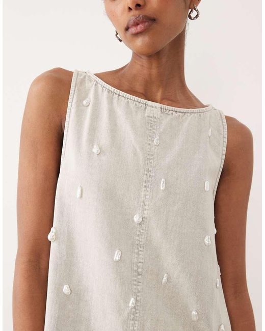 ASOS White Slash Neck Twill Mini Dress With Pearl Embellishment