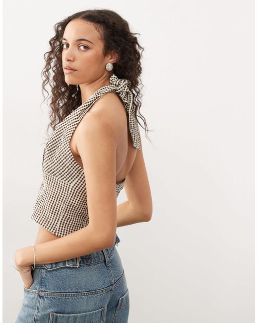 Collusion Blue Woven Halter Neck Gingham Top
