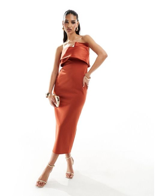 ASOS Red Sculptural Midi Dress With Contrast Satin Bodice