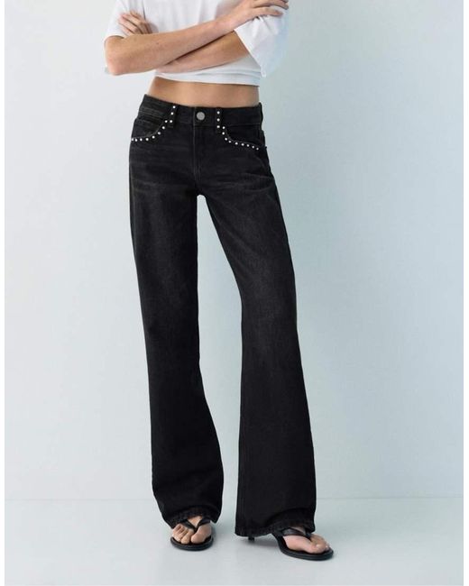 Pull&Bear Blue Straight-leg Jeans With Star Studs