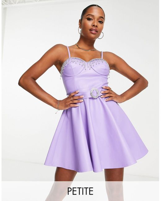 Miss Selfridge Purple Petite Faux Leather Bustier Diamante Fringe Belted Mini Dress