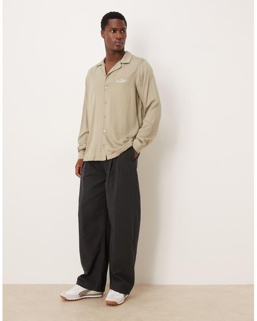 ASOS Natural Co-ord Regular Revere Shirt With Chest Embroidery for men