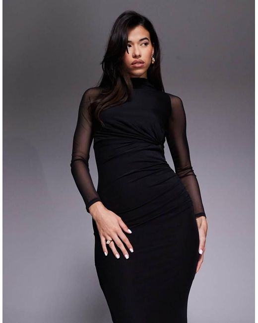 ASOS Mesh Long Sleeve Twist Bust Detail Halter Maxi Dress in Blue | Lyst UK