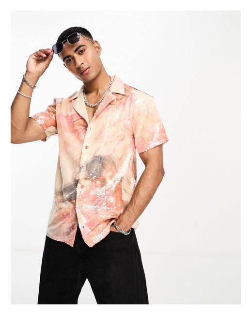 Labelrail X Stan & Tom Revere Collar Marbled Print Sequin Short Sleeve Shirt  in Pink for Men | Lyst Canada