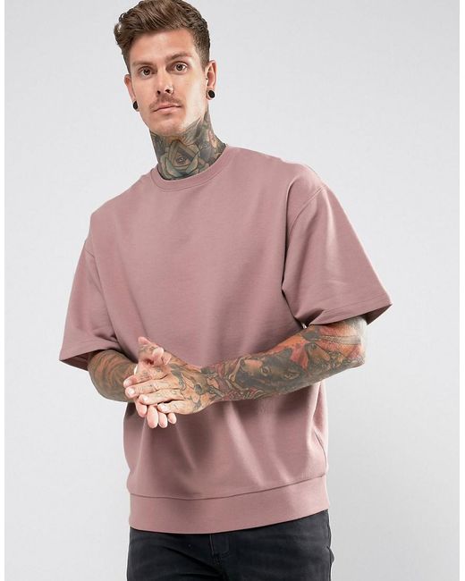 ASOS Oversized Short Sleeve Sweatshirt In Pink for Men | Lyst