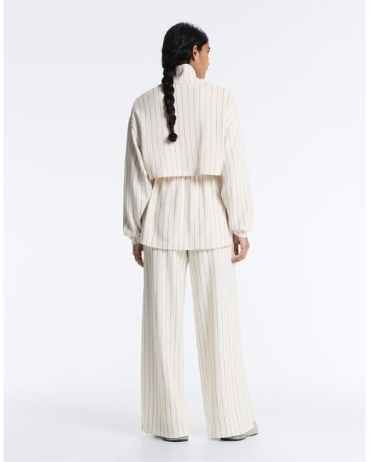 Oysho White Soft-touch Pinstripe Wide-leg Trousers With Modal