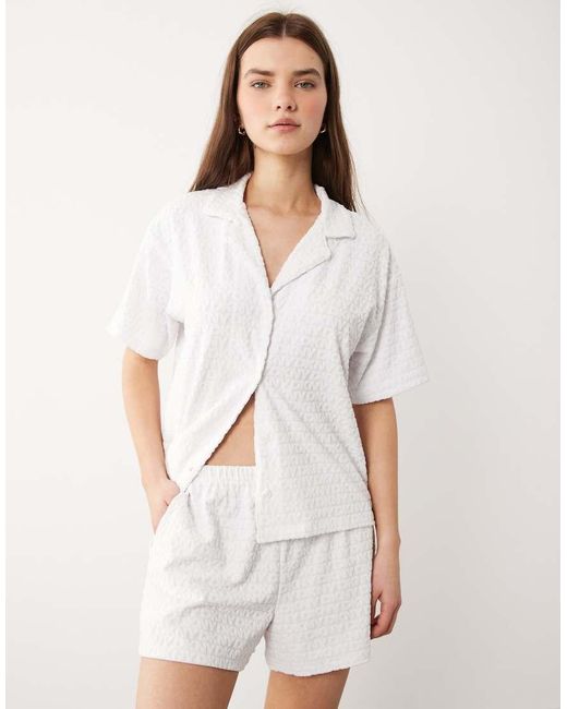 DKNY White Short Sleeve Notch Top And Boxer Shorts Pyjama Set