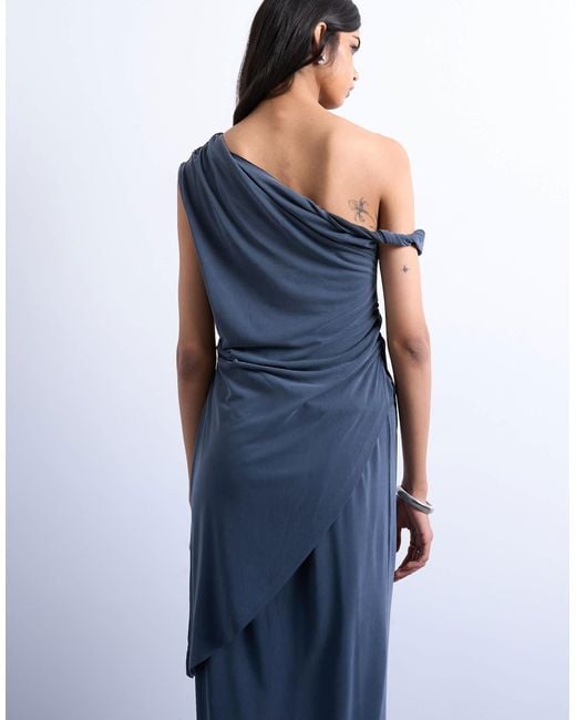 TOPSHOP Blue Cupro Twist Detail Bardot Asymmetric Tunic Top