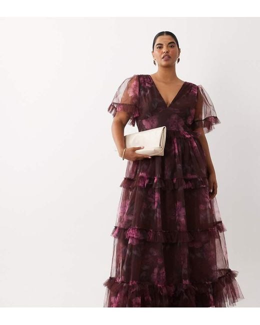 Lace & Beads Plus Brown Tulle Puff Sleeve Ruffle Tiered Maxi Dress