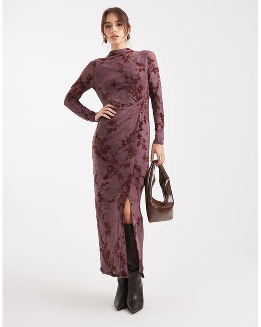 French Connection Red High Neck Mesh Midi Dress With Velvet Burnout