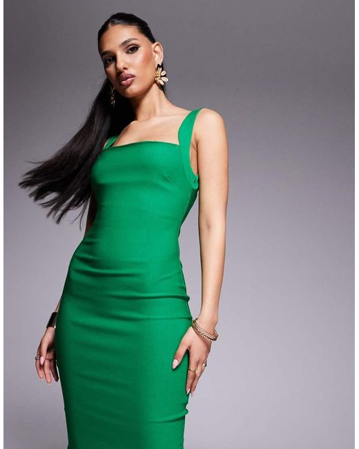 Vesper Green Bengaline Square Neck Open Back Midaxi Dress