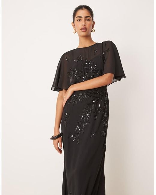 Maya Black Floral Embellished Angel Sleeve Maxi Dress